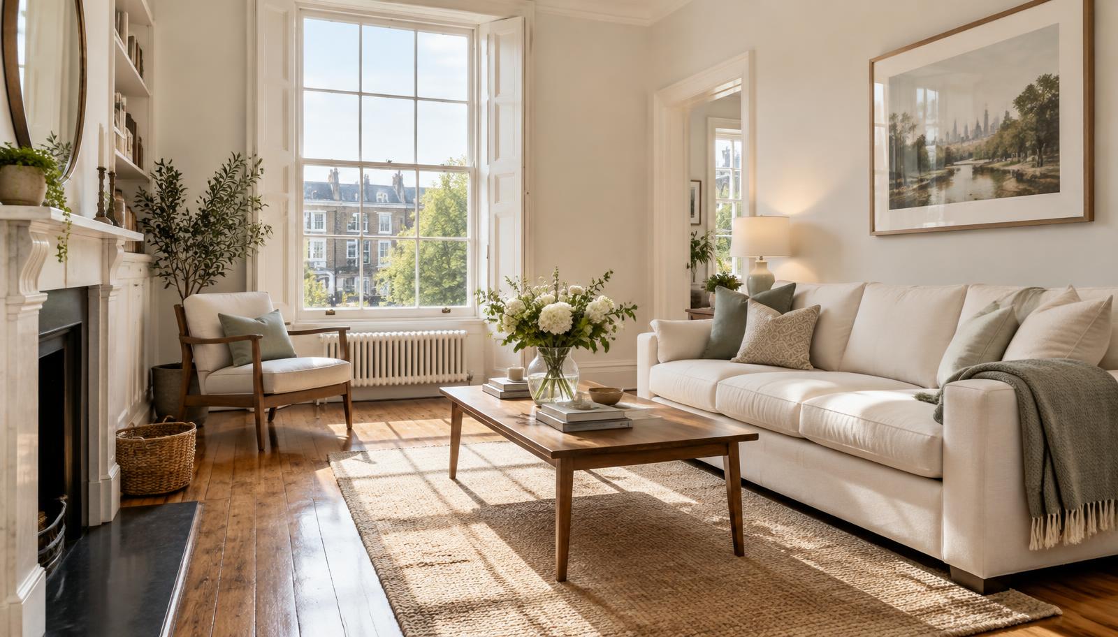 Sunlit, freshly cleaned living room in a London flat